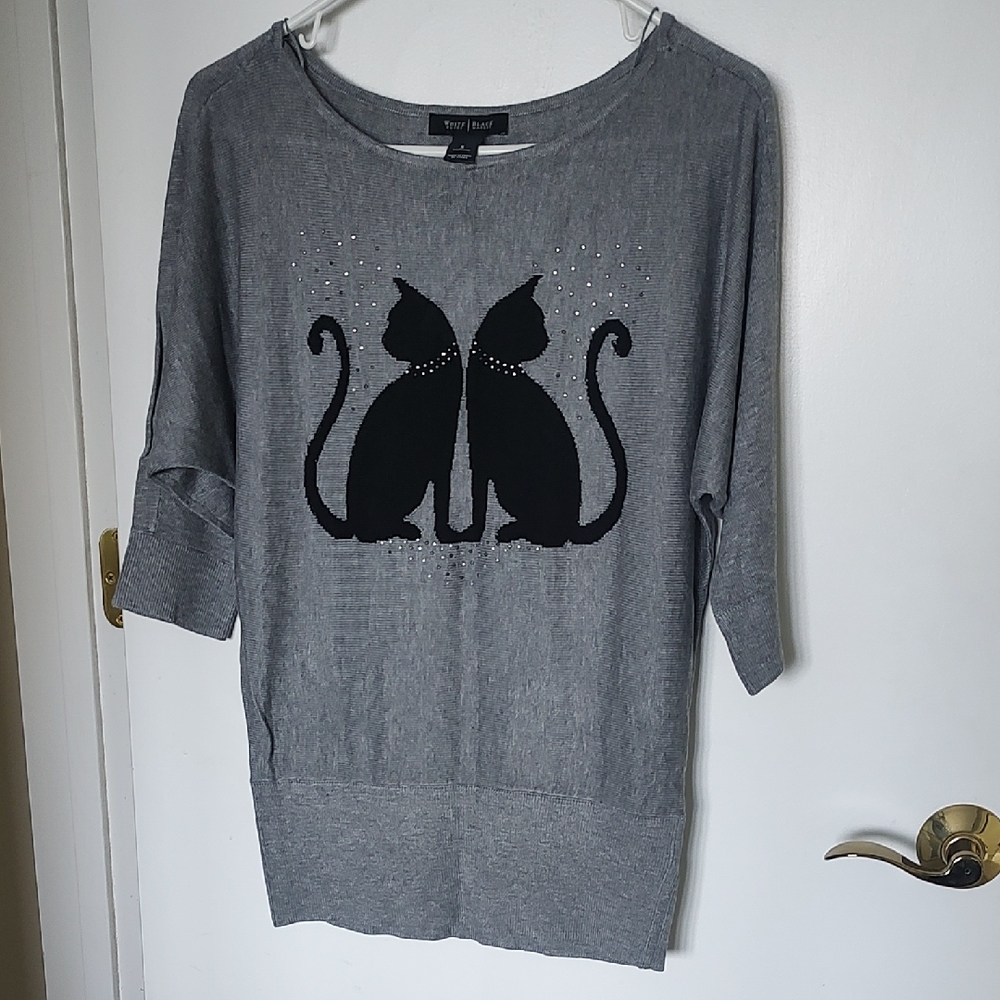 White House Black Market Gray Sweater with Black Cat Design